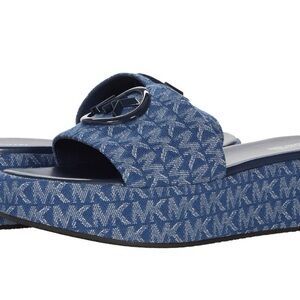 MICHAEL KORS Sadler Logo Denim Jacquard Wedge Sandal 7.5 M New